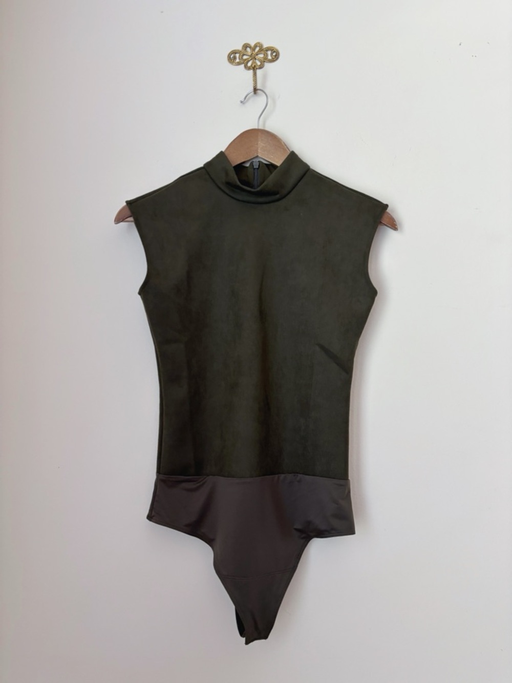 Spanx Utility Green Faux Suede Mock Neck Bodysuit Small
